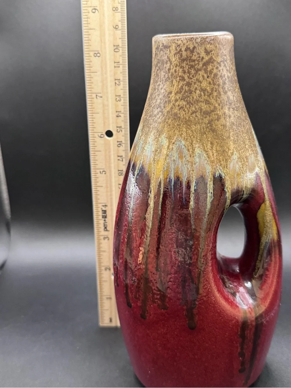 Vintage Mid Century Modern Drip Glaze Vase 8” Cutout Ceramic Art Pottery